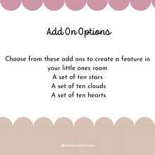 Load image into Gallery viewer, Add on options for 'to the moon and back' wooden wall art sign. Add ons available are sets of wooden stars, hearts or clouds.