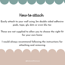 Load image into Gallery viewer, How to attach to your nursery wall instructions for 'to the moon and back' wooden nursery wall art, can be easily attached to your nursery wall using 3m command strips, double sided adhesive or tac