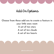Load image into Gallery viewer, Add on options for &#39;to the moon and back&#39; wooden wall art sign. Add ons available are sets of wooden stars, hearts or clouds. 
