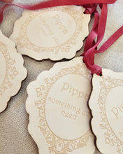 Load image into Gallery viewer, wooden need wear want read gift tags on red ribbon
