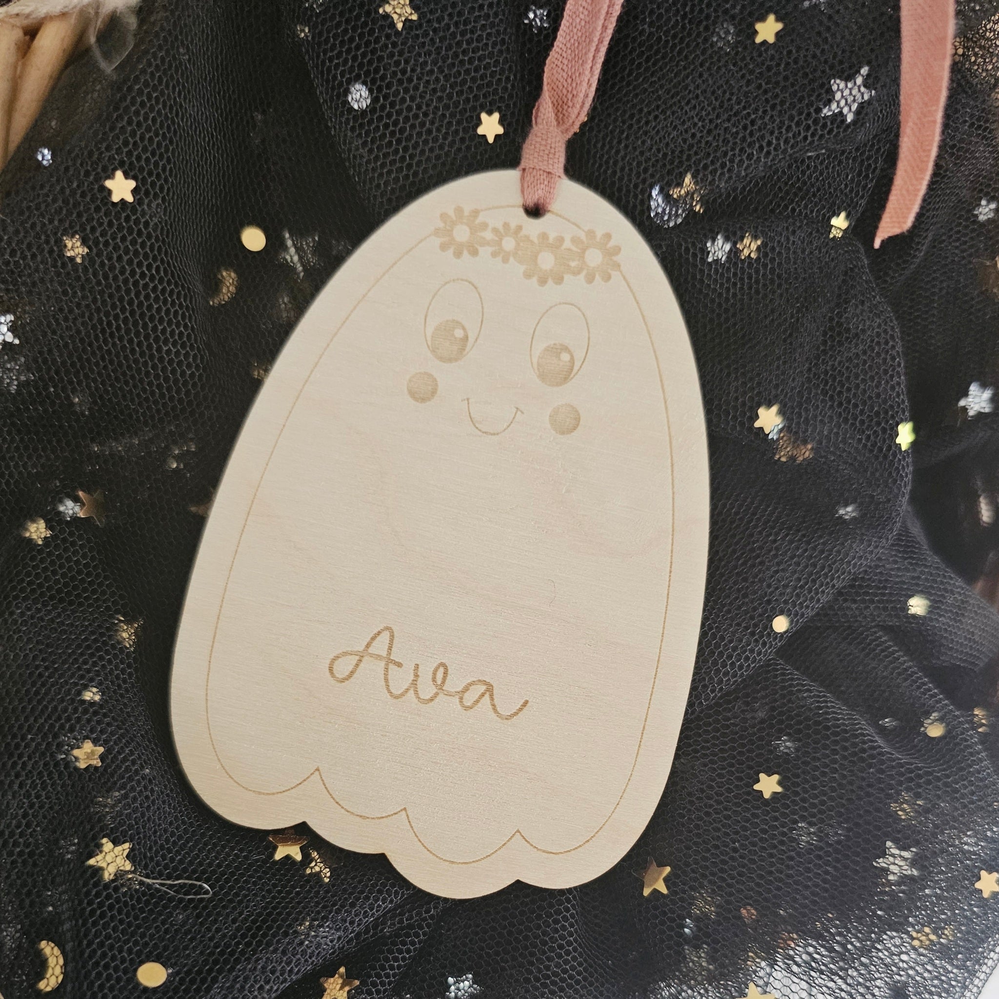 Wooden Floral Ghost Tag Decoration