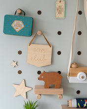Load image into Gallery viewer, boys club wood banner, mini size on a light blue peg board
